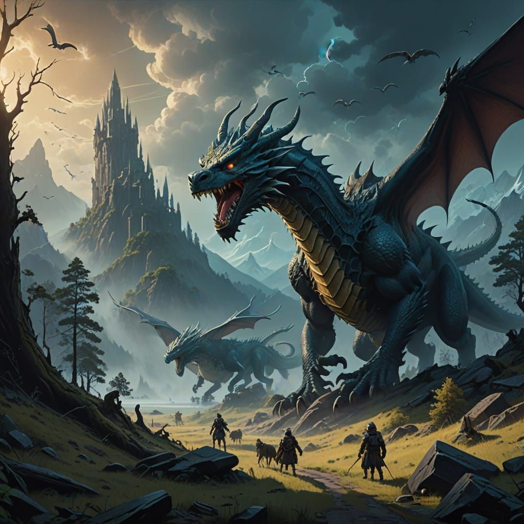 Majestic Dragons Soar Over Wolves in Fantasy Landscape