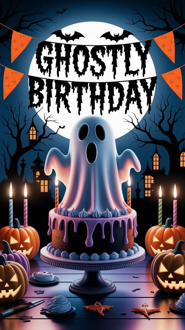 A spooky birthday party with a cake decorated to look like a...
