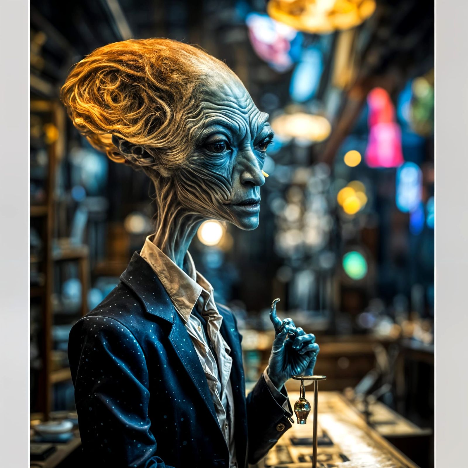 Extravagant Alien in Pawnshop: Photorealistic Portrait