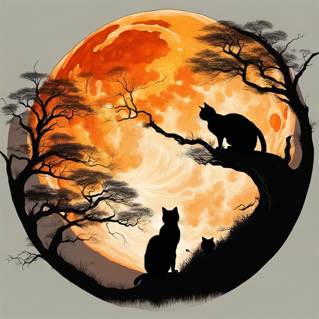 Cats Silhouettes Under Giant Moon, Hyperrealistic Anime Styl...