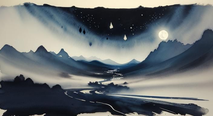 Nevada Road at Night: Ink and Gouache Moonscape