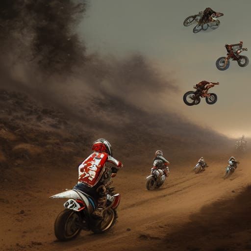 Dirt Bike Racer Victory in Dark Fantasy Style