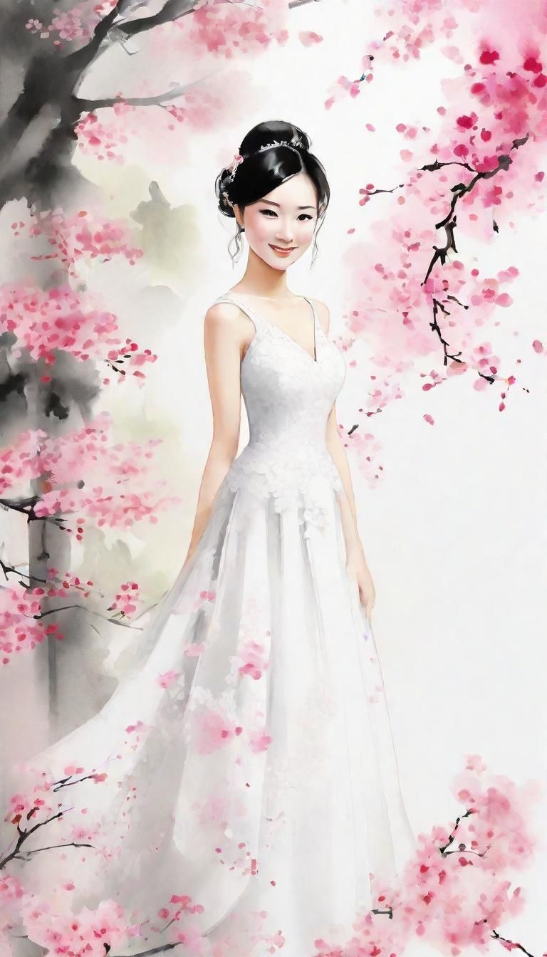 Minimalist Chinese Ink Painting of a Smiling Bride