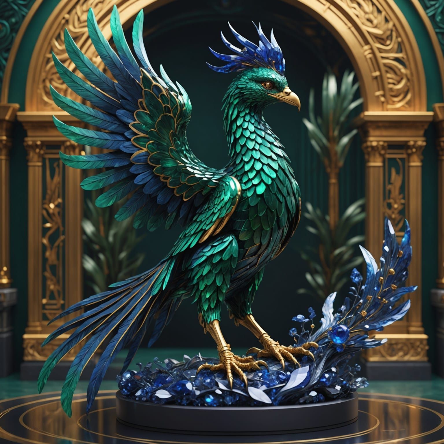Emerald and Sapphire Phoenix in Art Nouveau Gallery