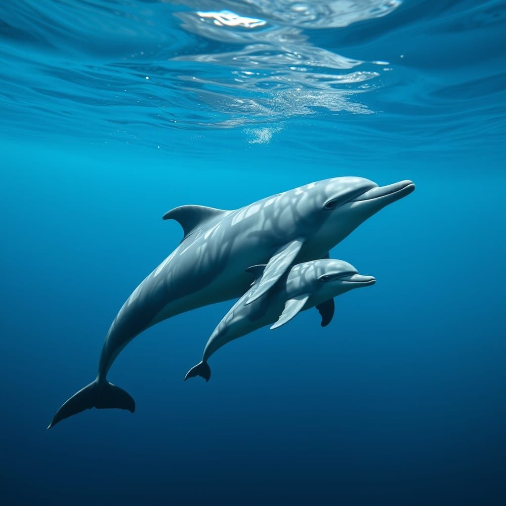 Mother and Baby Dolphins Swimming Underwater