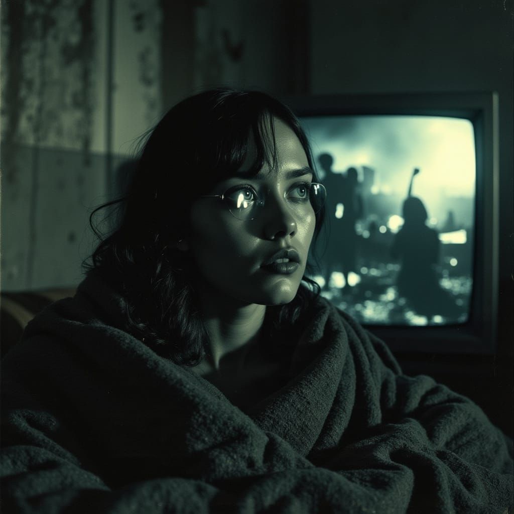 Woman Watches Protests in Moody Cinematic Style