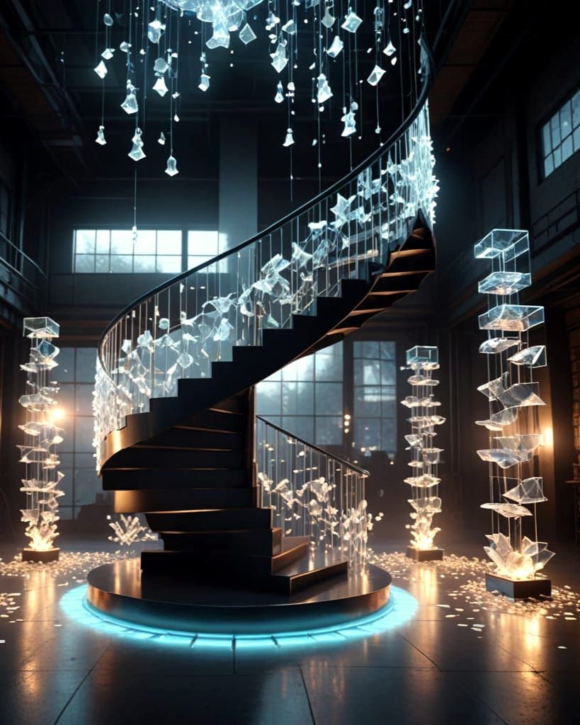 Surreal Floating Staircase with Origami Birds