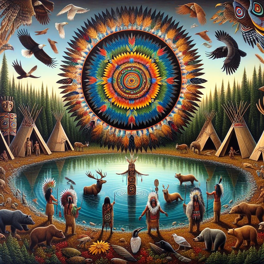 Indigenous Folklore Scene with Dancing Figures and Animals