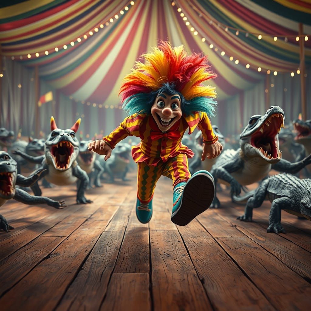 Energetic Clown Chased by Crocodiles in a Vibrant Circus Sce...