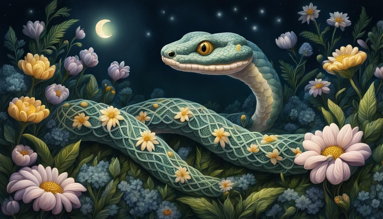 Ornate Lace Snake in Moonlit Flower Jungle