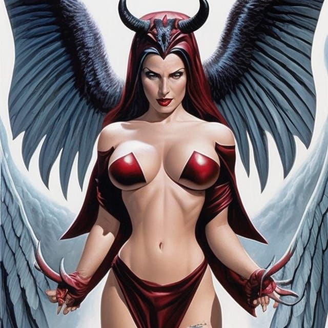 beautiful demon with horns, wings, claws, alex ross style