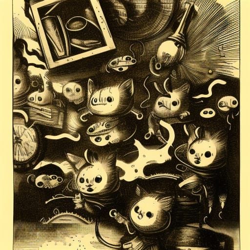 Steampunk Exploding Kittens in 1800s Illustration Style