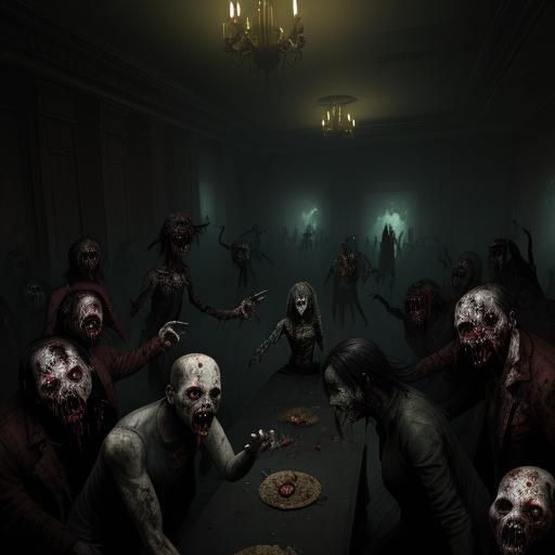 Zombie Birthday Party with a room full of zombies celebrating.