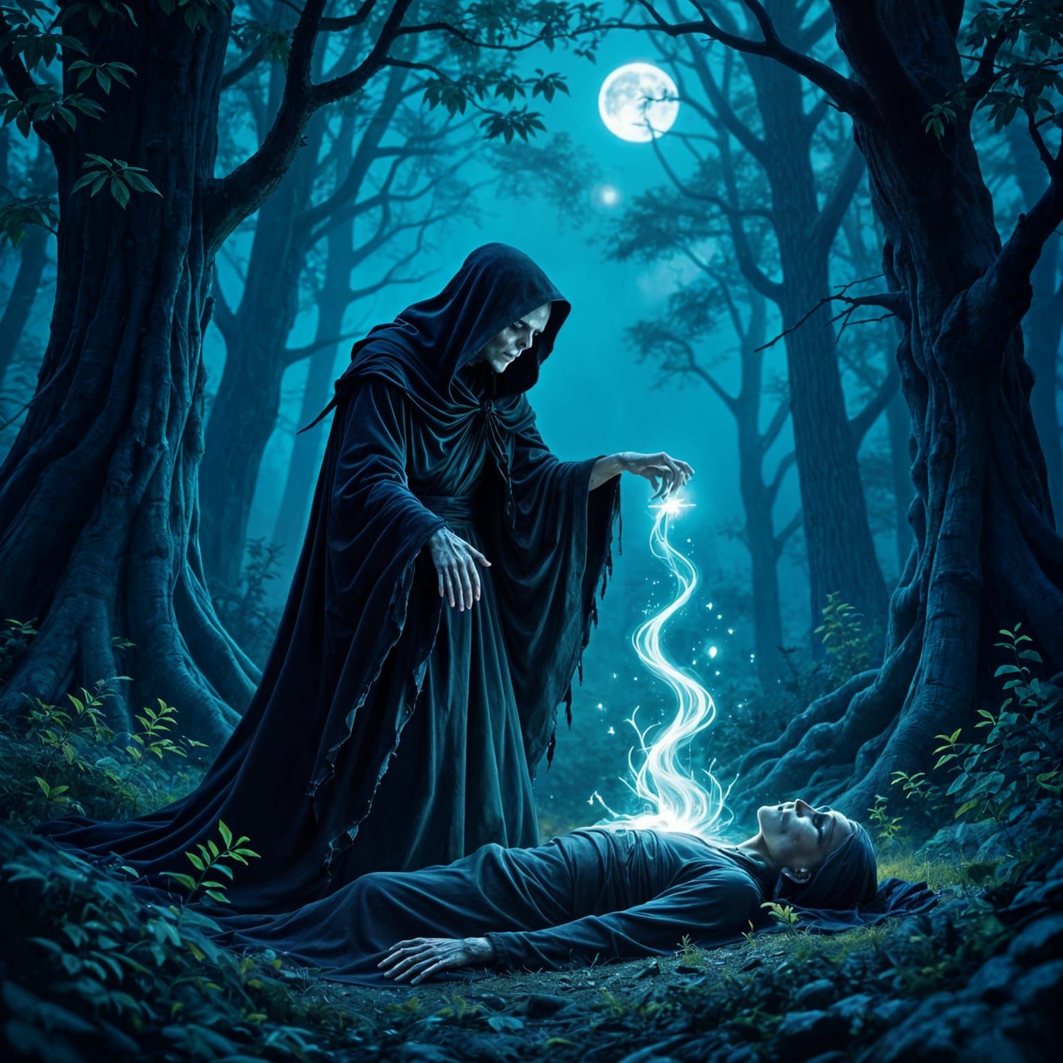 Grim Reaper Collects Soul in Mystical Forest