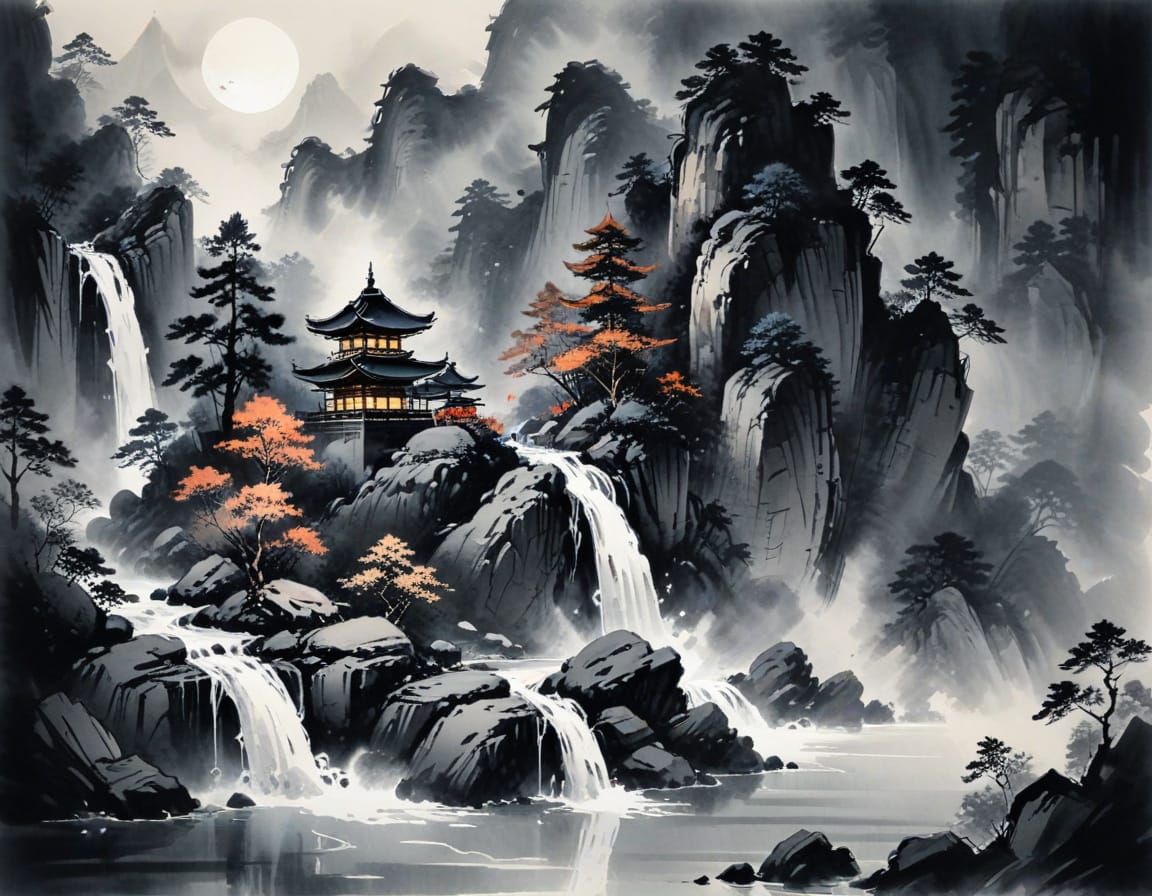 Moonlit Temple Waterfall in Sumi-e Style