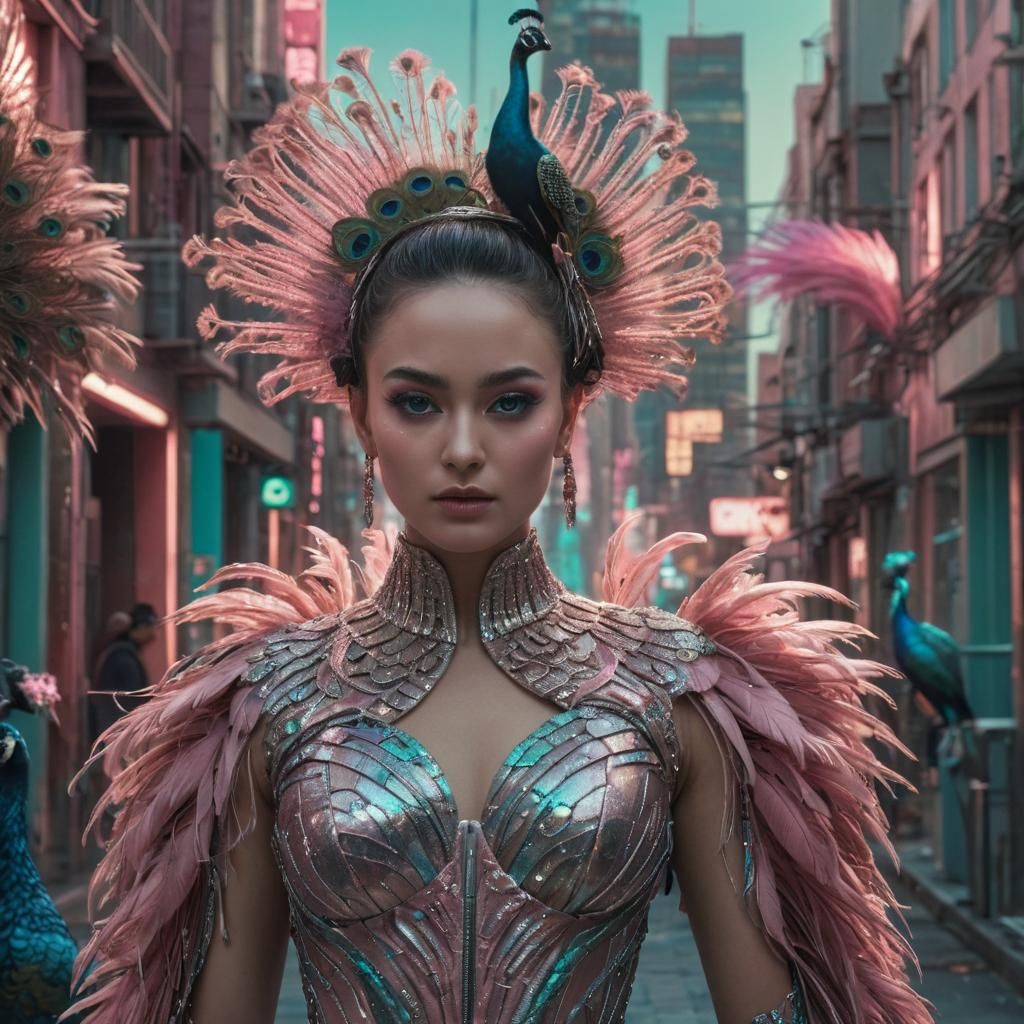 Peacock Woman in Futuristic Cityscape, Hyperrealistic Digita...