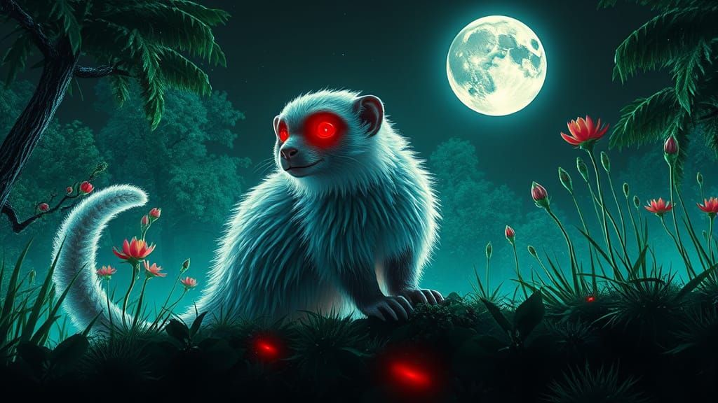 Celestial Mongoose in Neon Forest, Digital Art