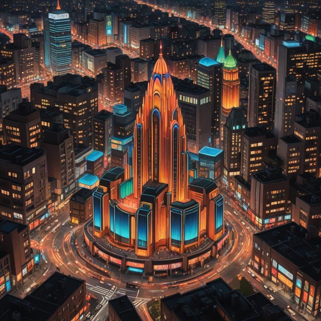 Glamorous Art Deco Cityscape Unveils Hidden Temple