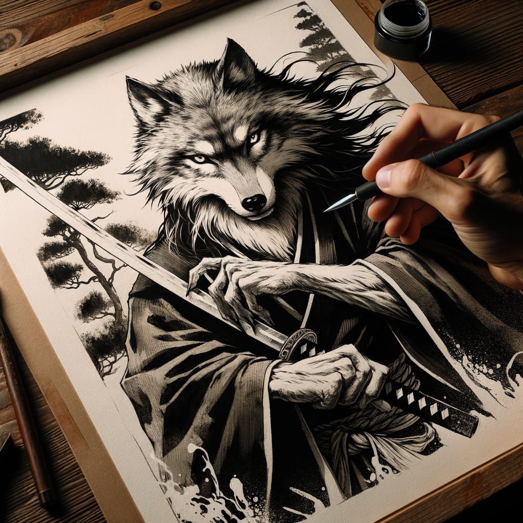 Monochrome Wolf Warrior with Sword in Japanese Ink Style