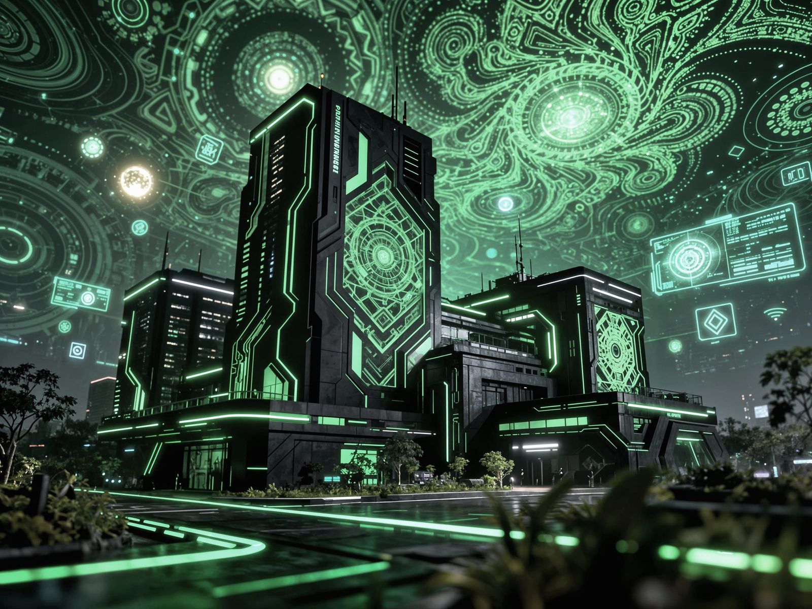 Futuristic Cyber Techno Buildings with Psychedelic Backgroun...