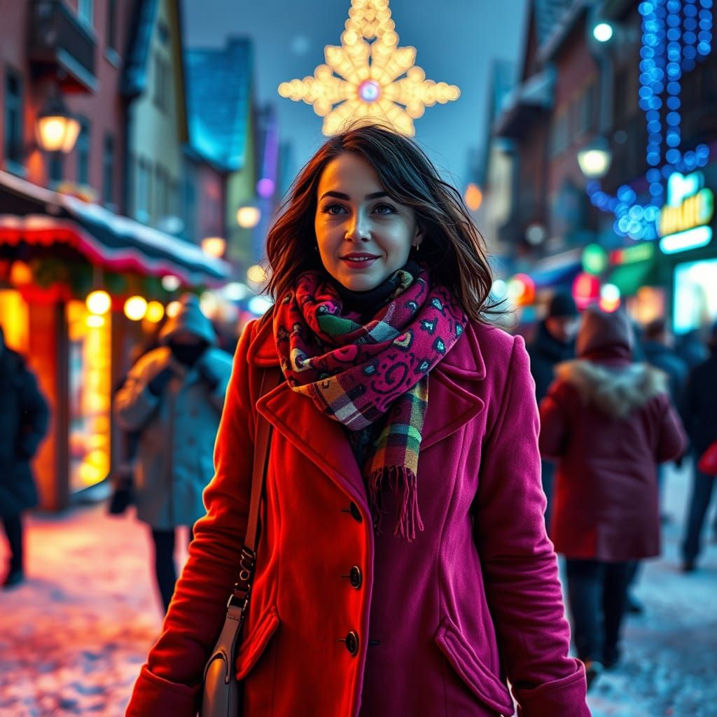 Vibrant Village Winter Scene in Whimsical Art Style