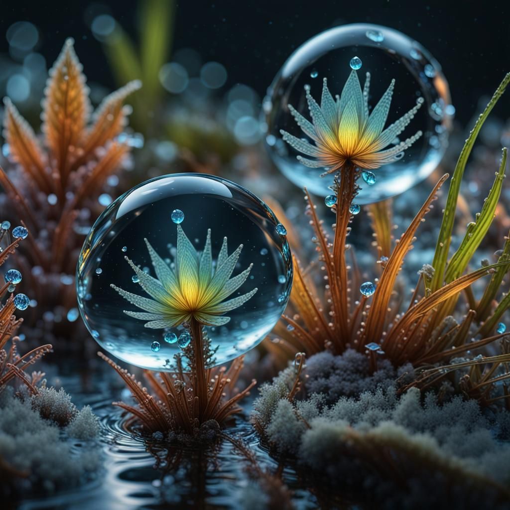 Bioluminescent Water Droplet with Diamonds and Plants