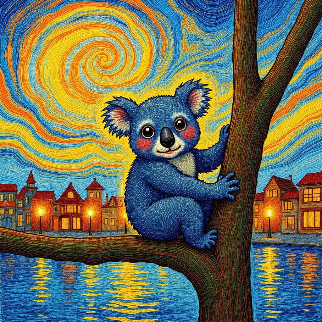 Koala Hugging Tree Branch in Vibrant Pointillist Style