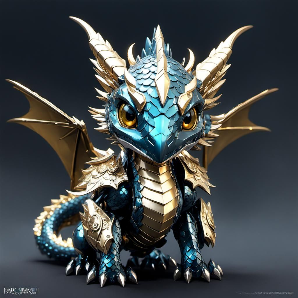 Chibi Robotic Dragon with Silver and Gold Details