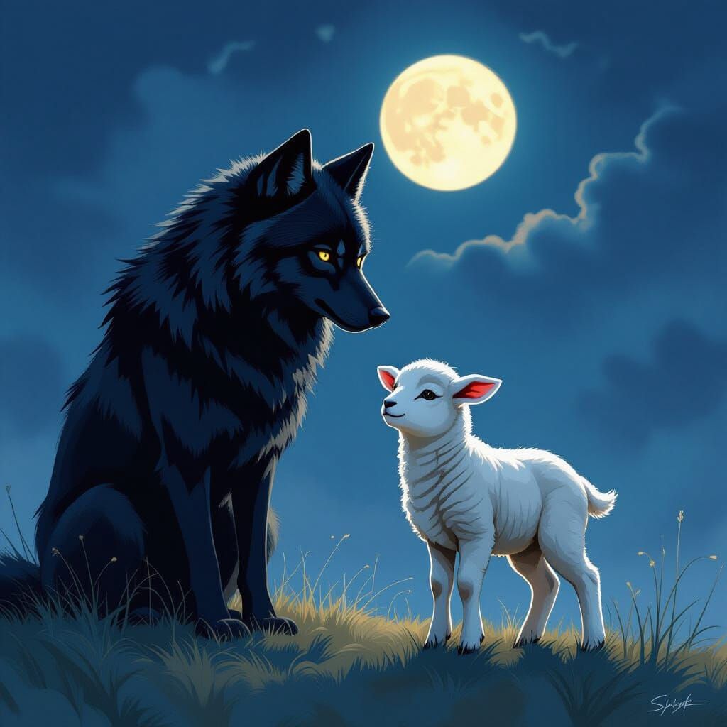 Nervous Lamb with black wolf , in midnight