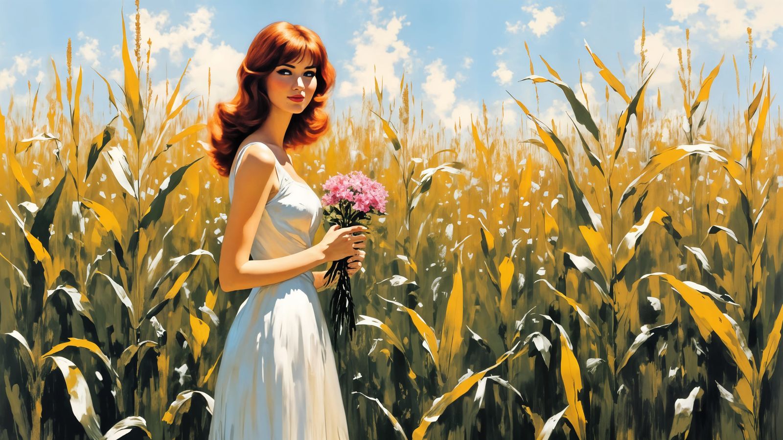 Enchanting 1970s Romantic Impressionist Painting of a Red-Ha...