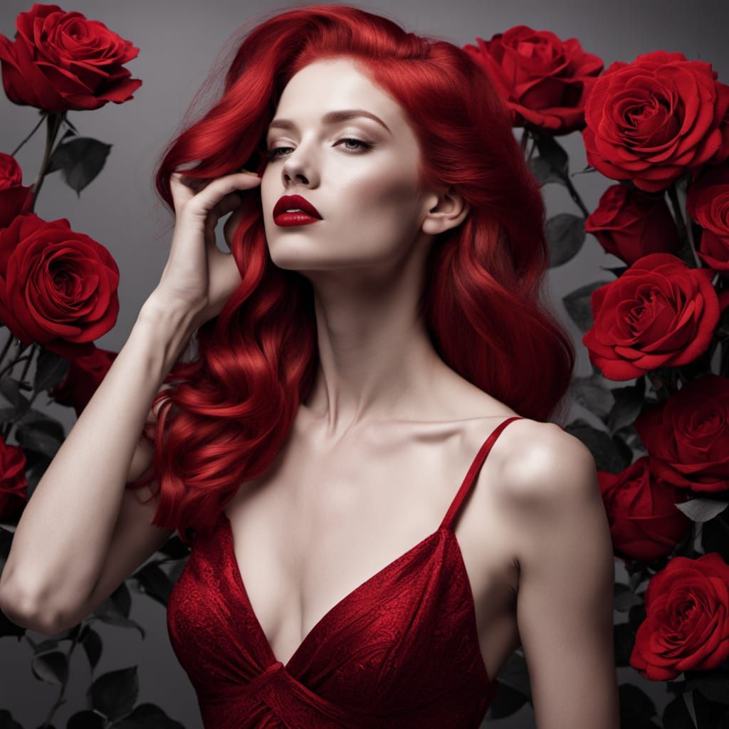 Elegant Woman in Crimson Gown Among Red Roses