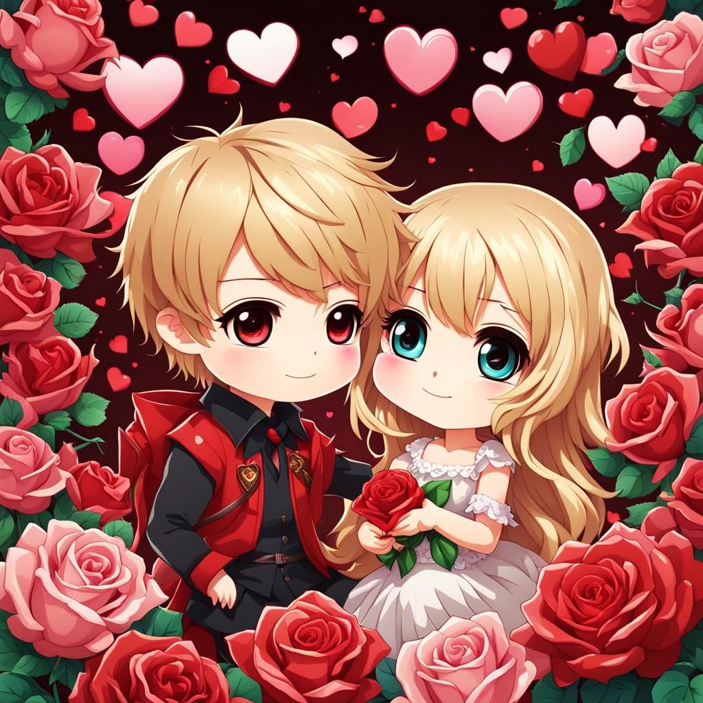 Chibi Couple Surrounded by Roses in Anime Style