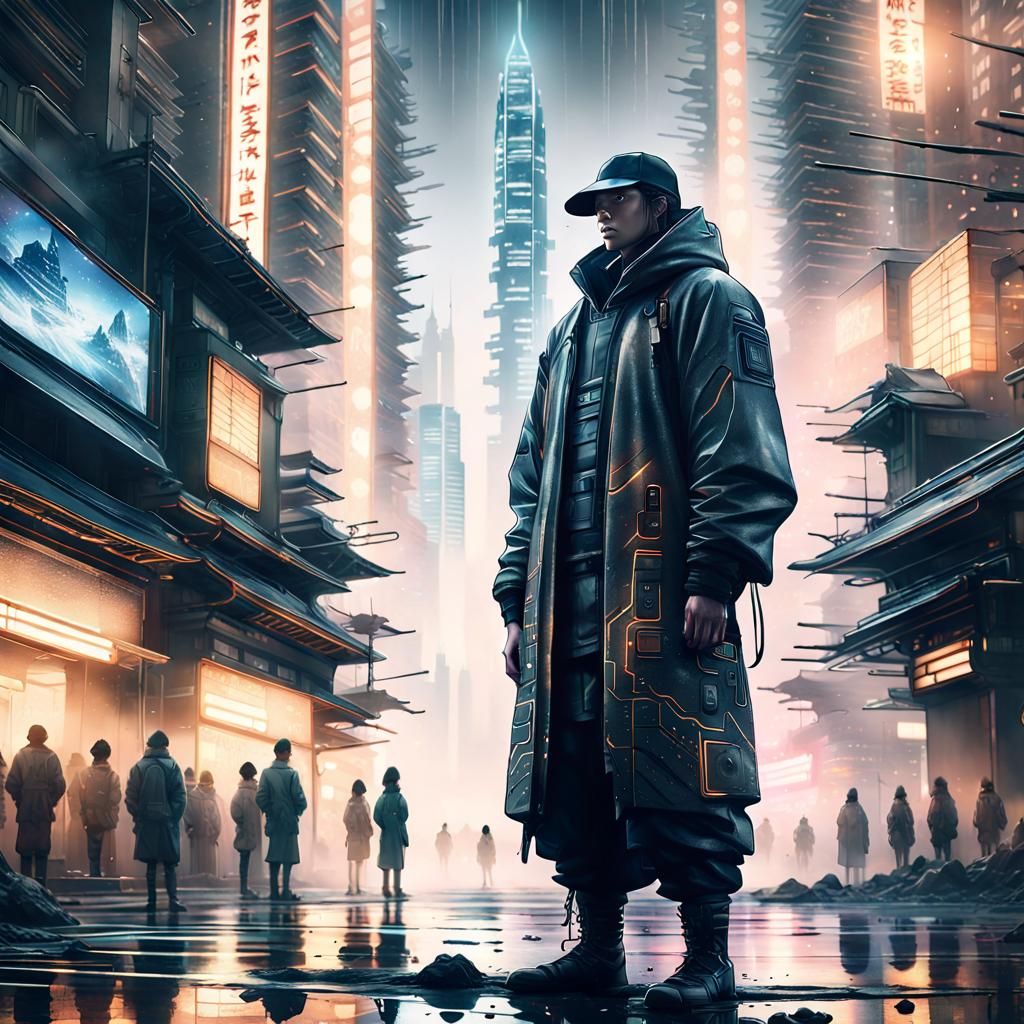 Futuristic Hero in Cityscape with Golden Hour Light