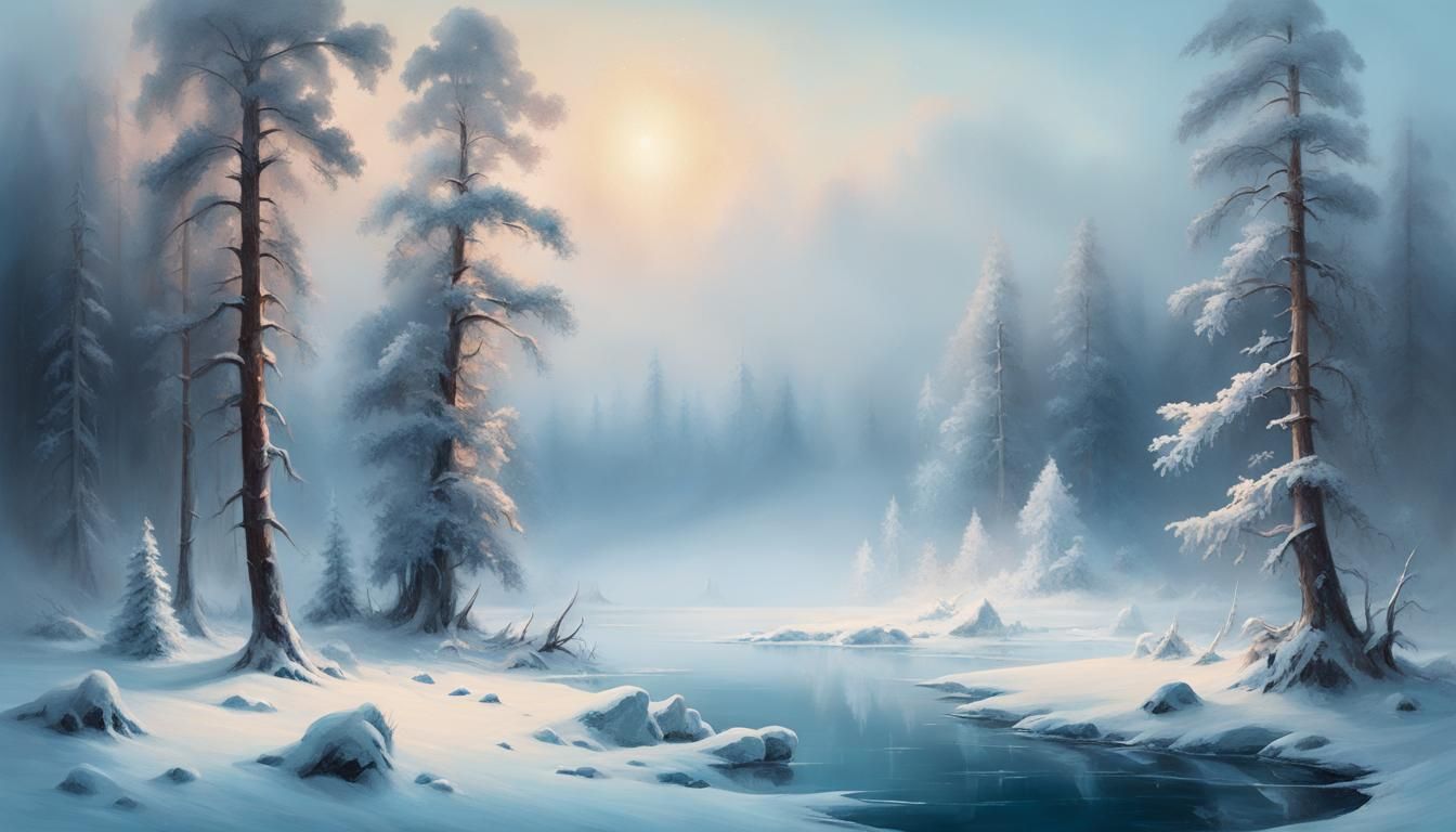 Winter Forest Oil Painting with Frozen Lake