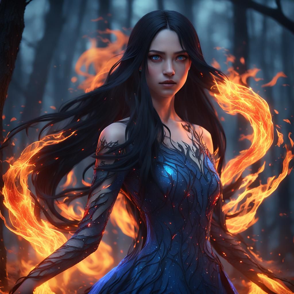 Fiery Woman in Misty Forest: 3D Anime Art