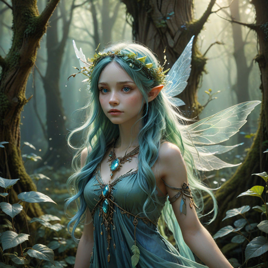 Ethereal Fairy in Forest Clearing with Soft Focus and Pastel...