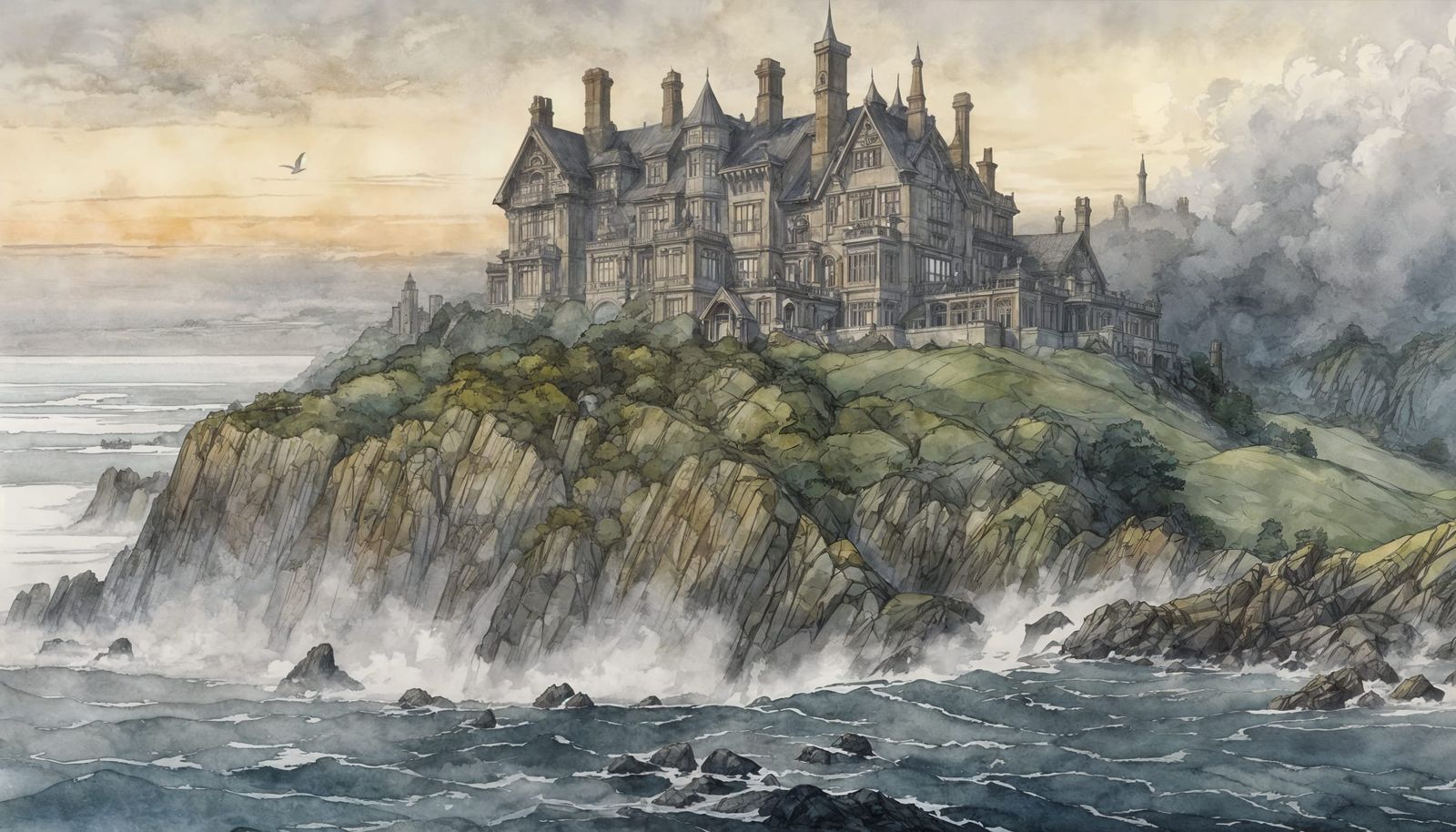 Sinister Mansion on Cornwall Shore in Art Deco Watercolor