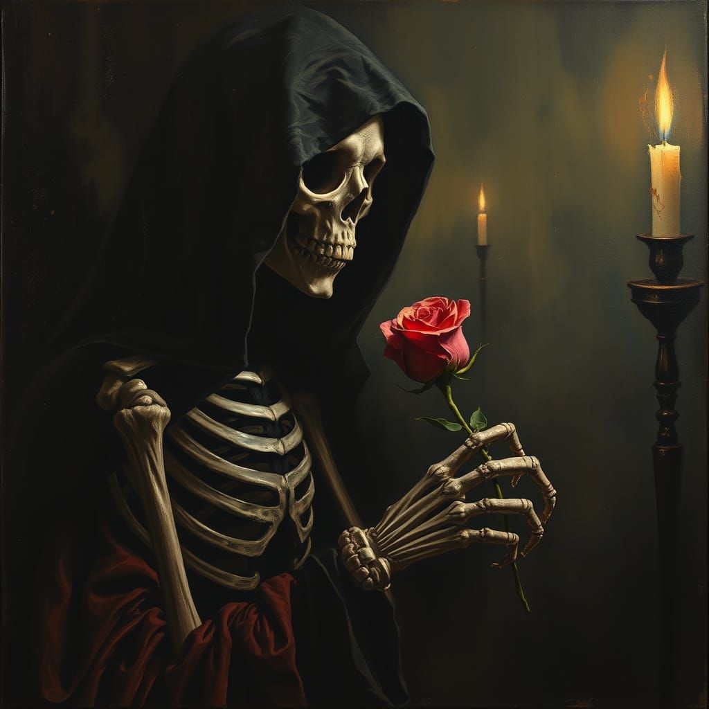 Skeletal Figure in Shadow: Decadent Allegory Oil Painting