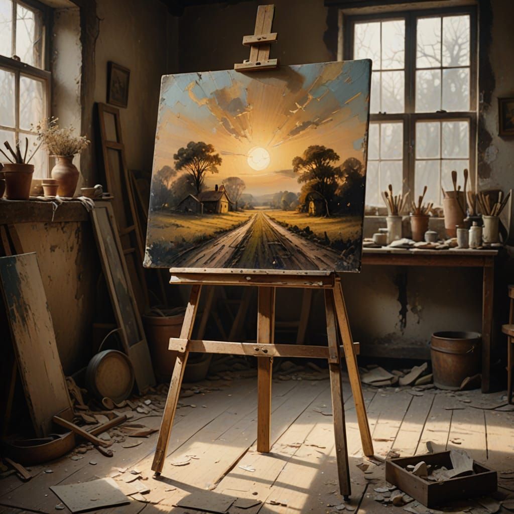 Atmospheric Oil Painting of an Old Artwork in Dusty Attic