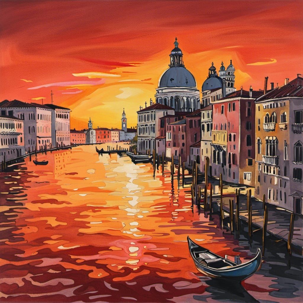Venice Sunset Boat Ride: Gouache Style