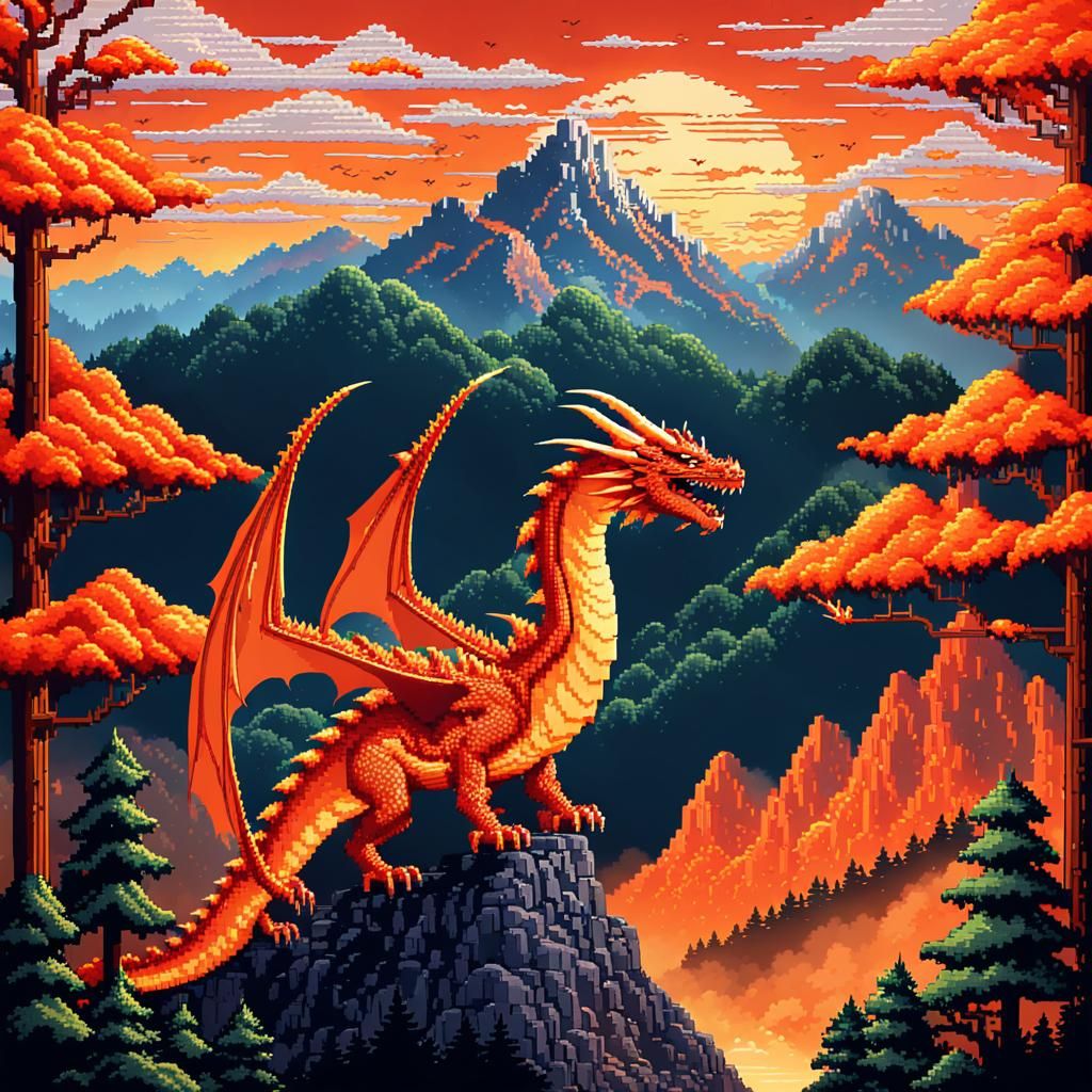 Fire Dragon Soaring in Pixel Art Style