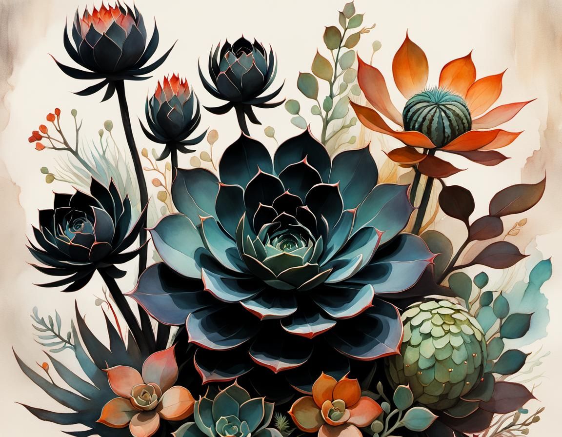 Black Succulent Bouquet: Striking Alcohol Ink Illustration