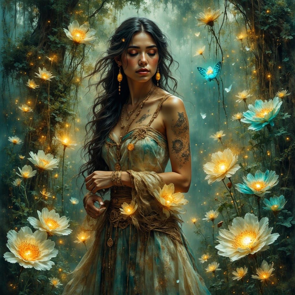 Mystical Indigenous Woman in Glowing Forest Garden