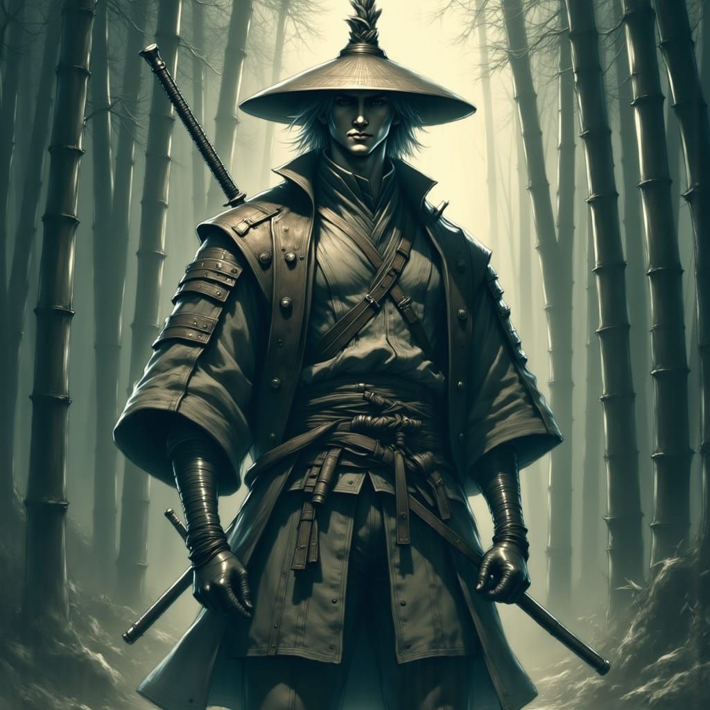 Lone Samurai in Bamboo Forest: Japanese Art Style