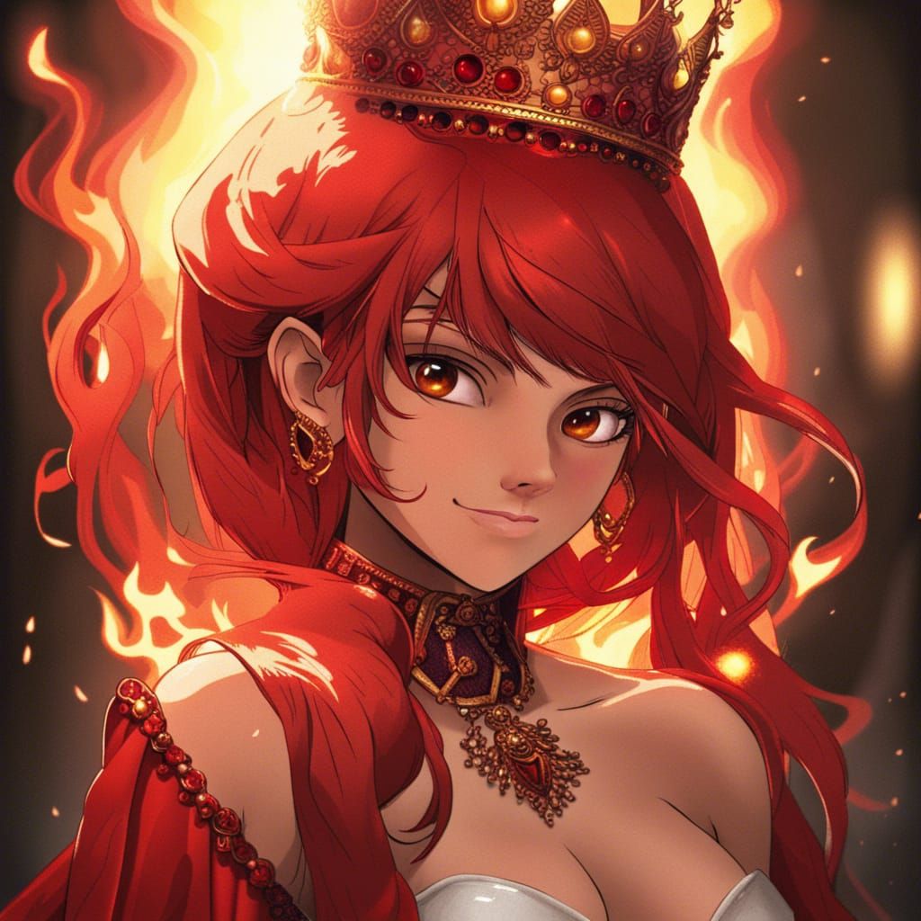 Fiery Queen in Red Dress: Hyperrealistic Portrait