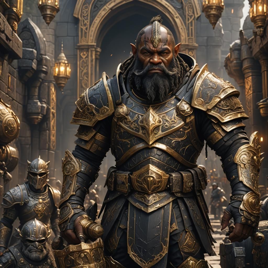 Black Dwarf in Gold Armor: Fantasy Art