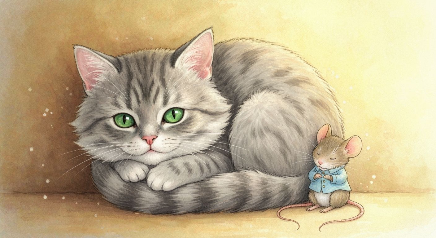 Fluffy Cat Sleeps Beside Mouse in Sunlit Setting