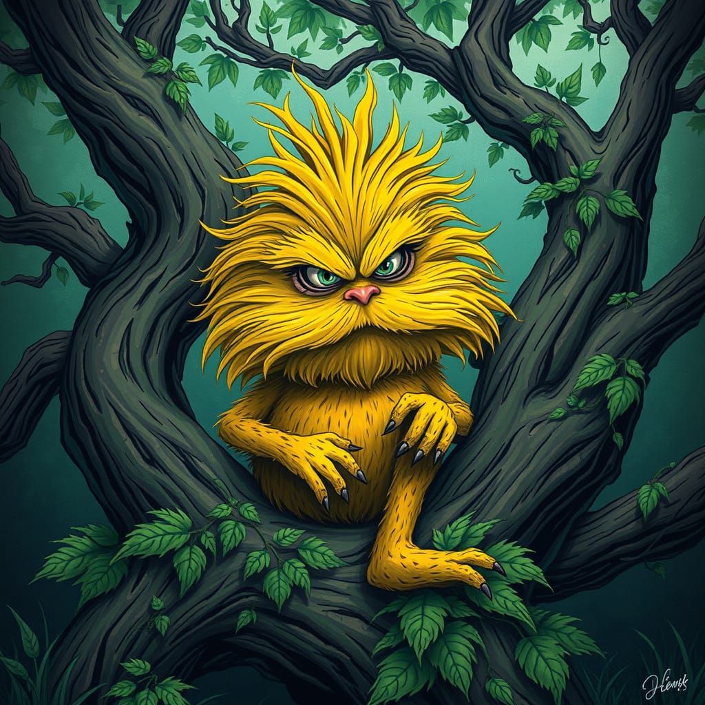 Menacing Lorax in Twisted Tree, Dark Fantasy Art