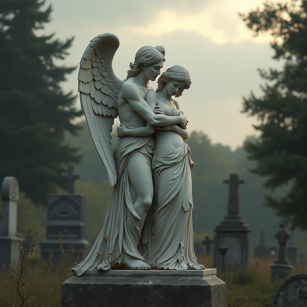 Serenely Embracing Angel Statues in a Somber Cemetery Scene