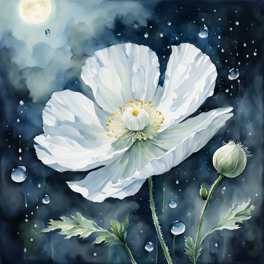 Ethereal Watercolor Poppy in Moonlight